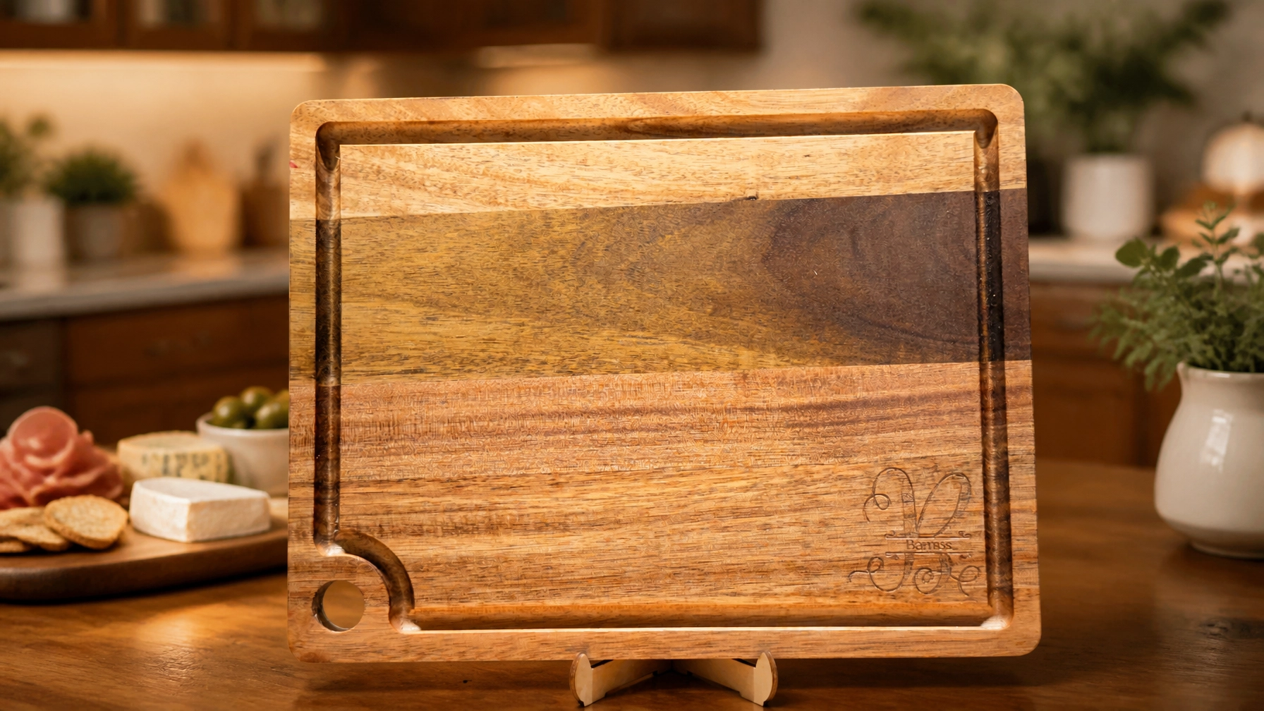 Custom laser-engraved acacia wood family monogram serving board with juice groove in a warm kitchen setting