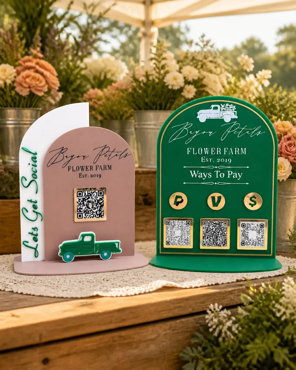 Bayou Petals Flower Farm acrylic QR payment signage with social media and payment details