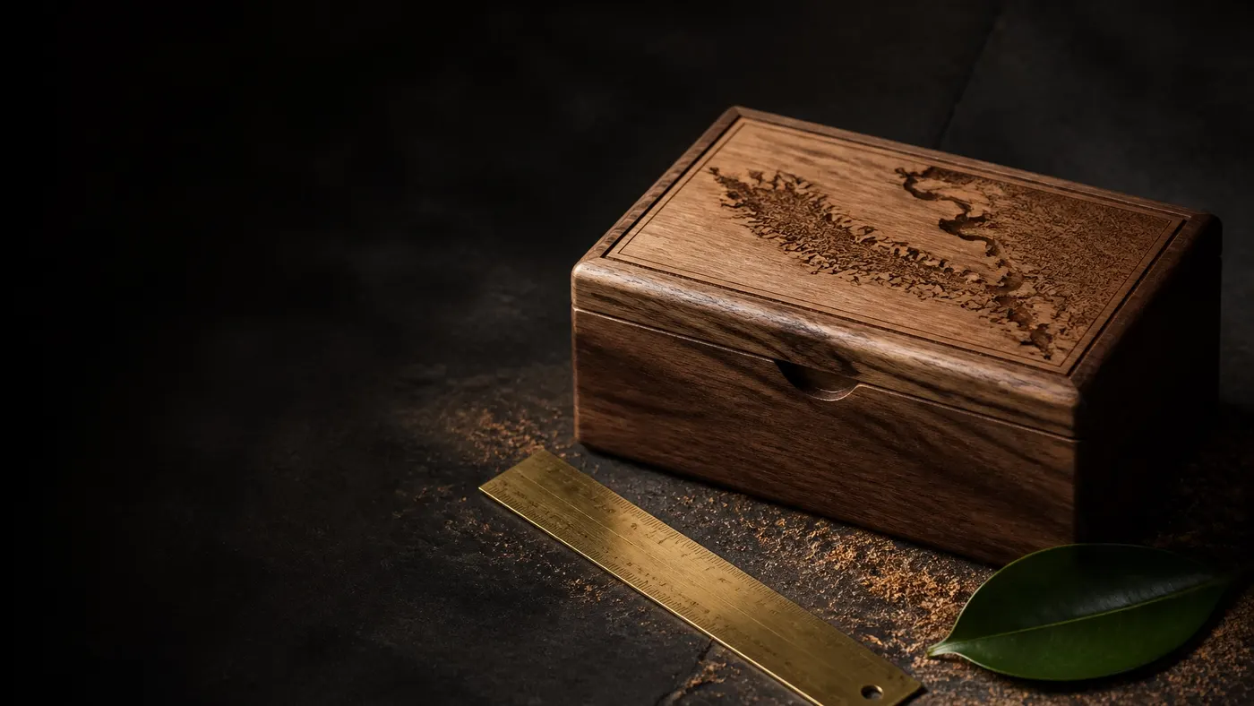 Engraved walnut keepsake box on a maker's workbench