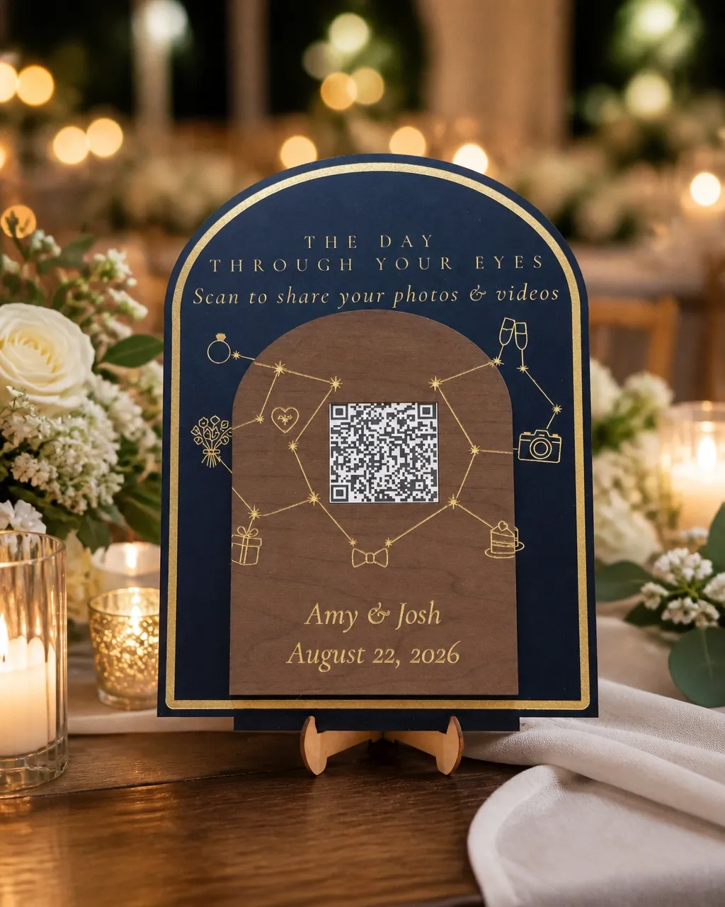 Celestial wedding QR sign for the wedding couple, dated August 22, 2026, with laser-engraved constellation artwork and personalized QR code