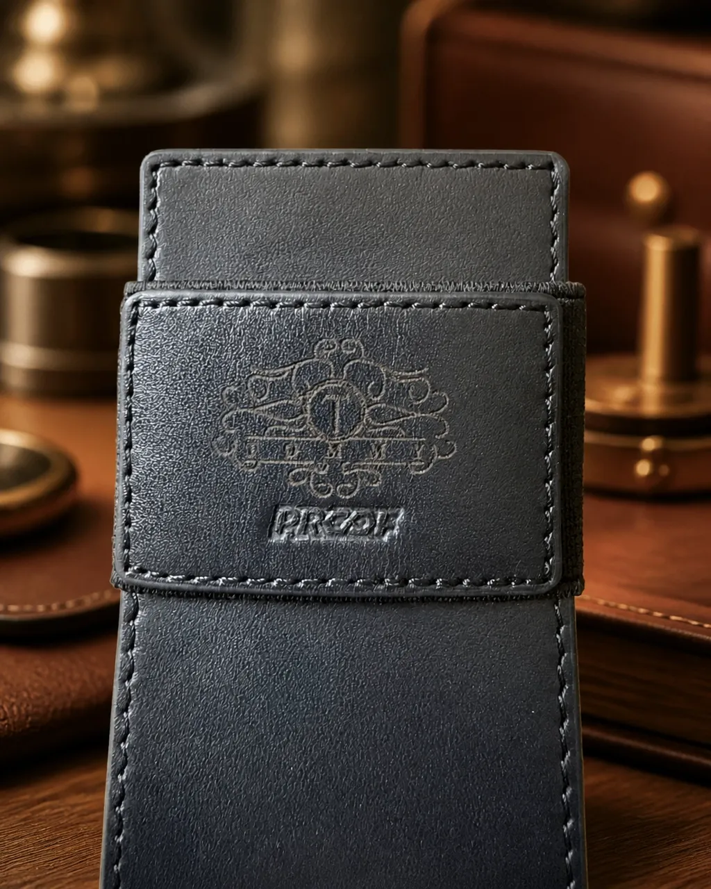 Close detail of the engraved Proof logo and leather wallet design