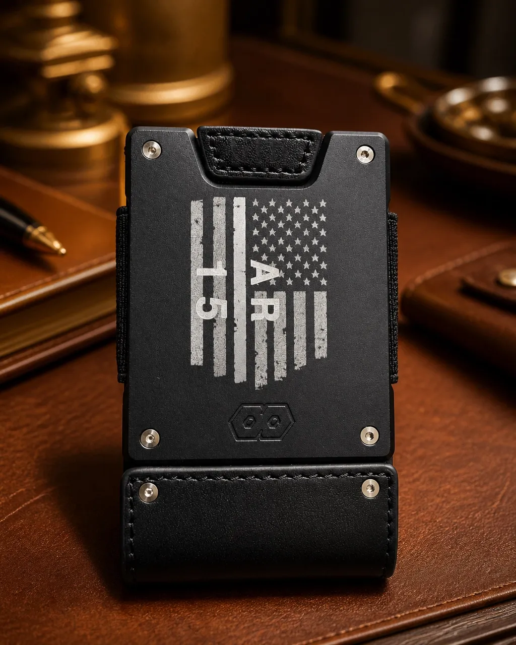 Custom engraved Proof leather wallet shown from the front