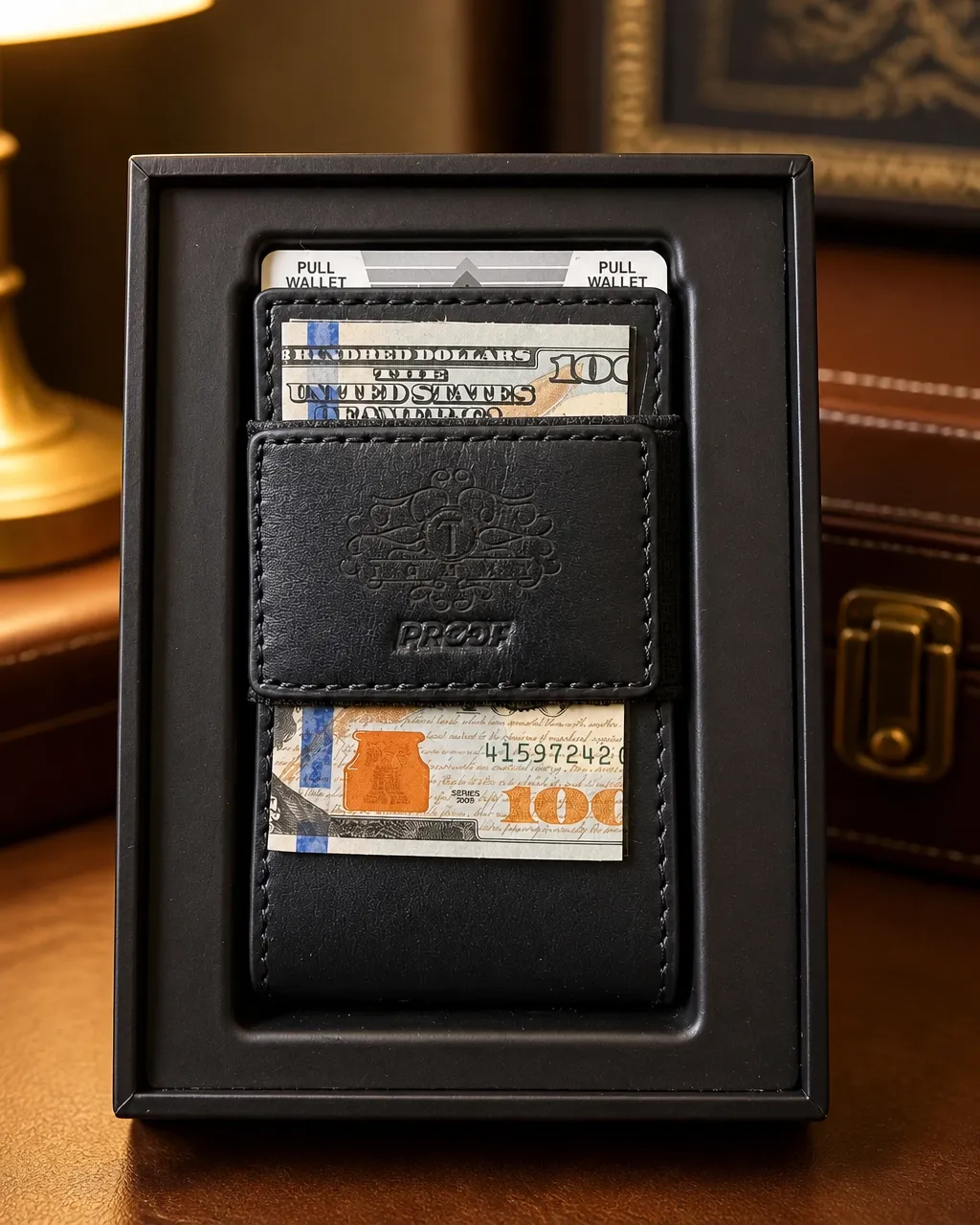 Custom engraved Proof leather wallet arranged in its presentation box
