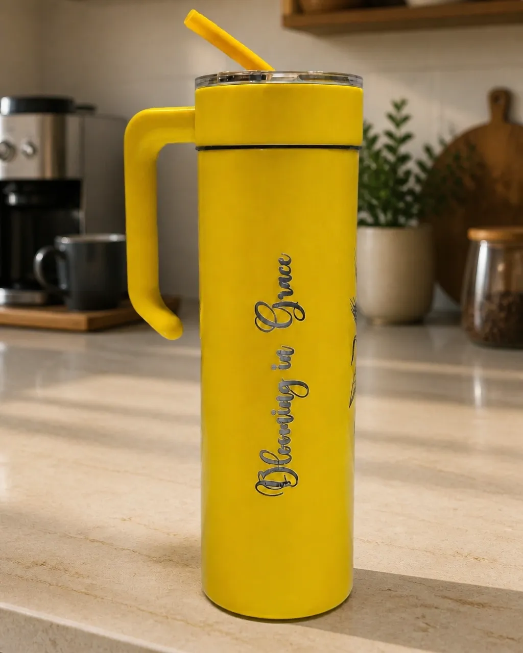 Blooming in Grace laser-engraved yellow tumbler with floral lettering