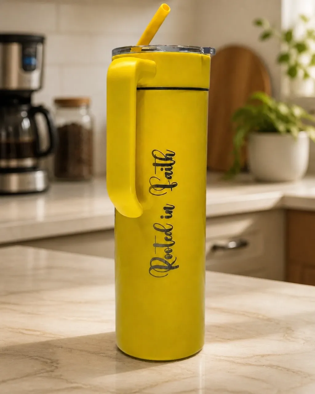 Rooted in Faith laser-engraved yellow tumbler with vertical botanical lettering