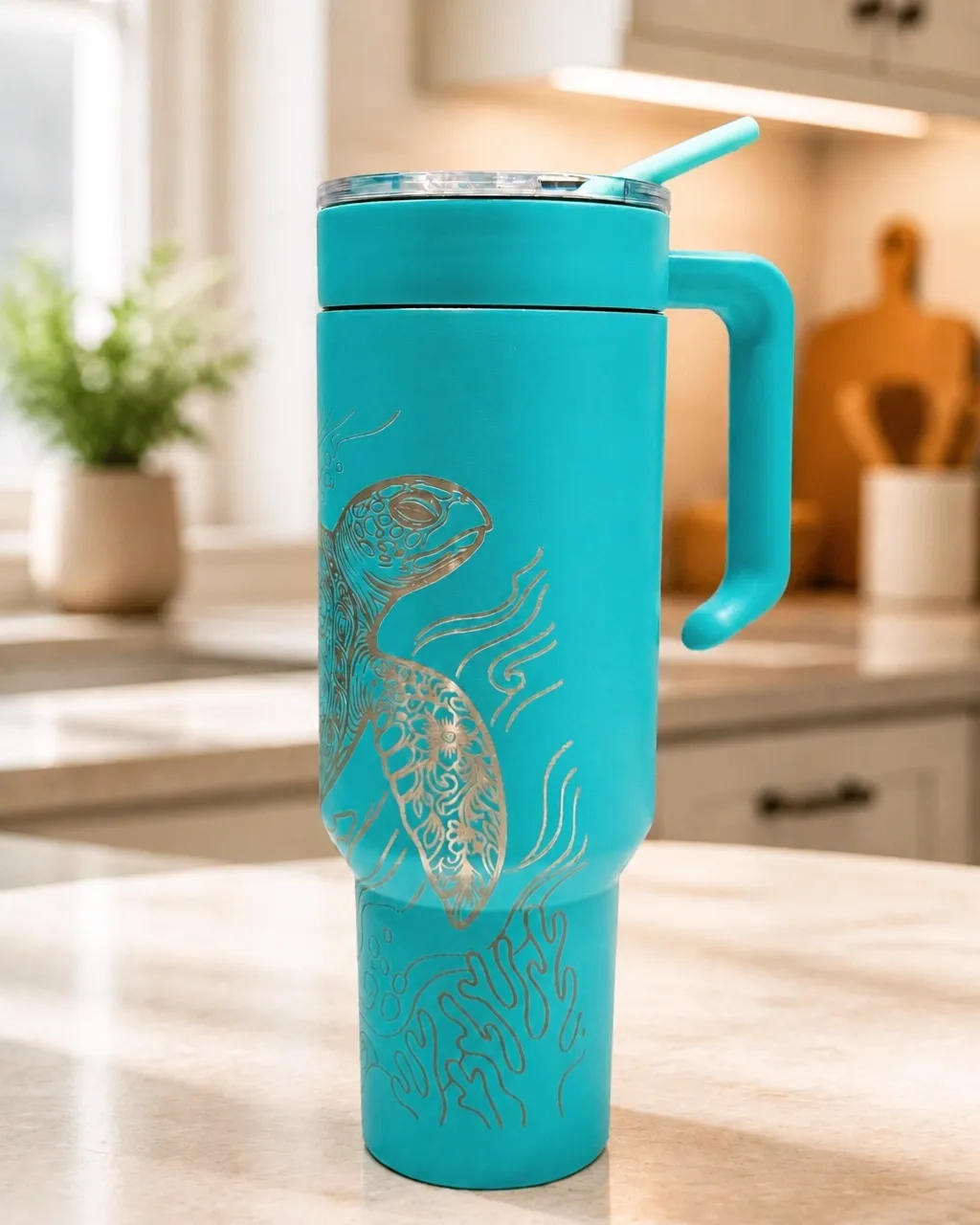 Sea turtle mandala engraved turquoise tumbler side detail