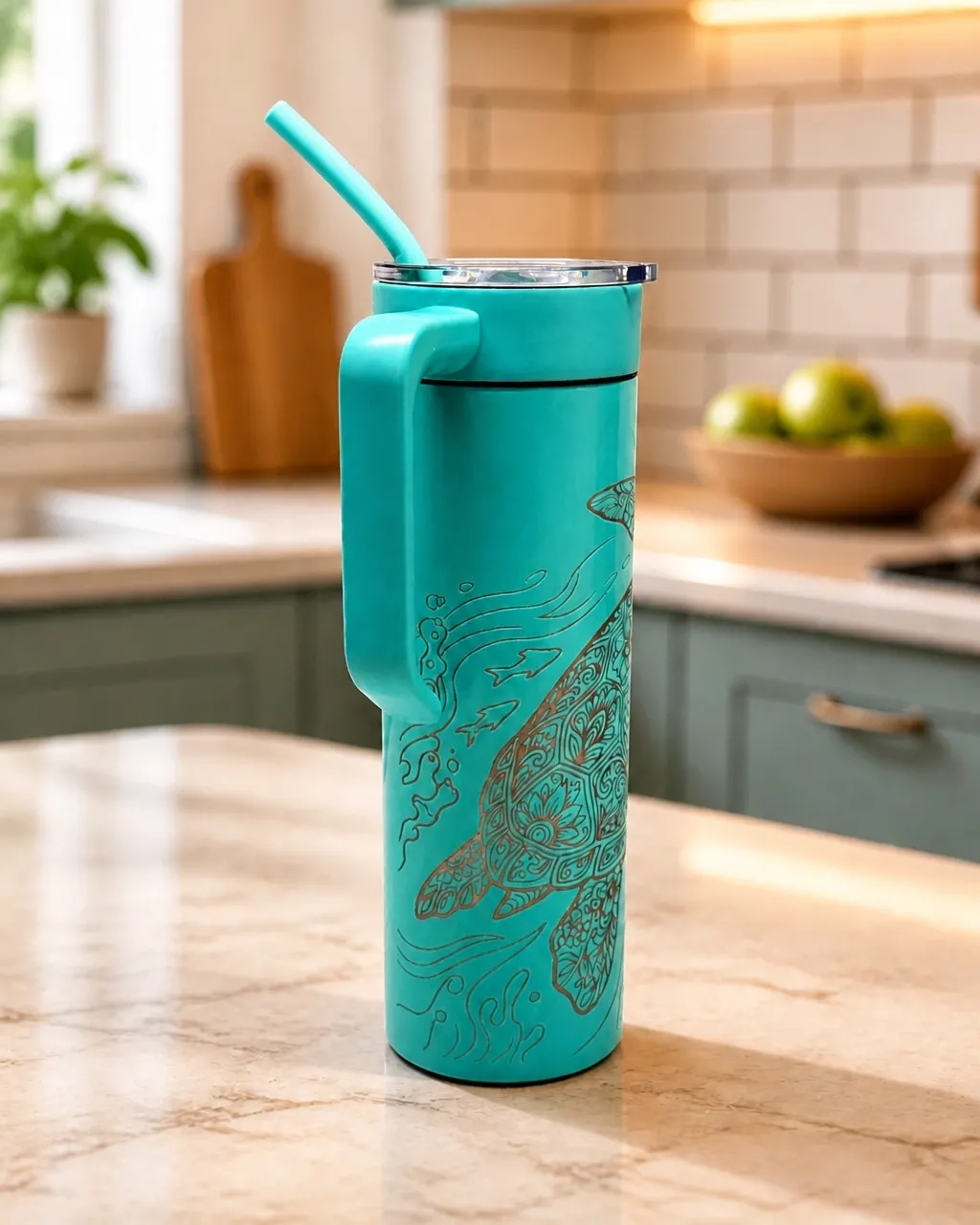 Sea turtle mandala engraved turquoise tumbler engraving detail
