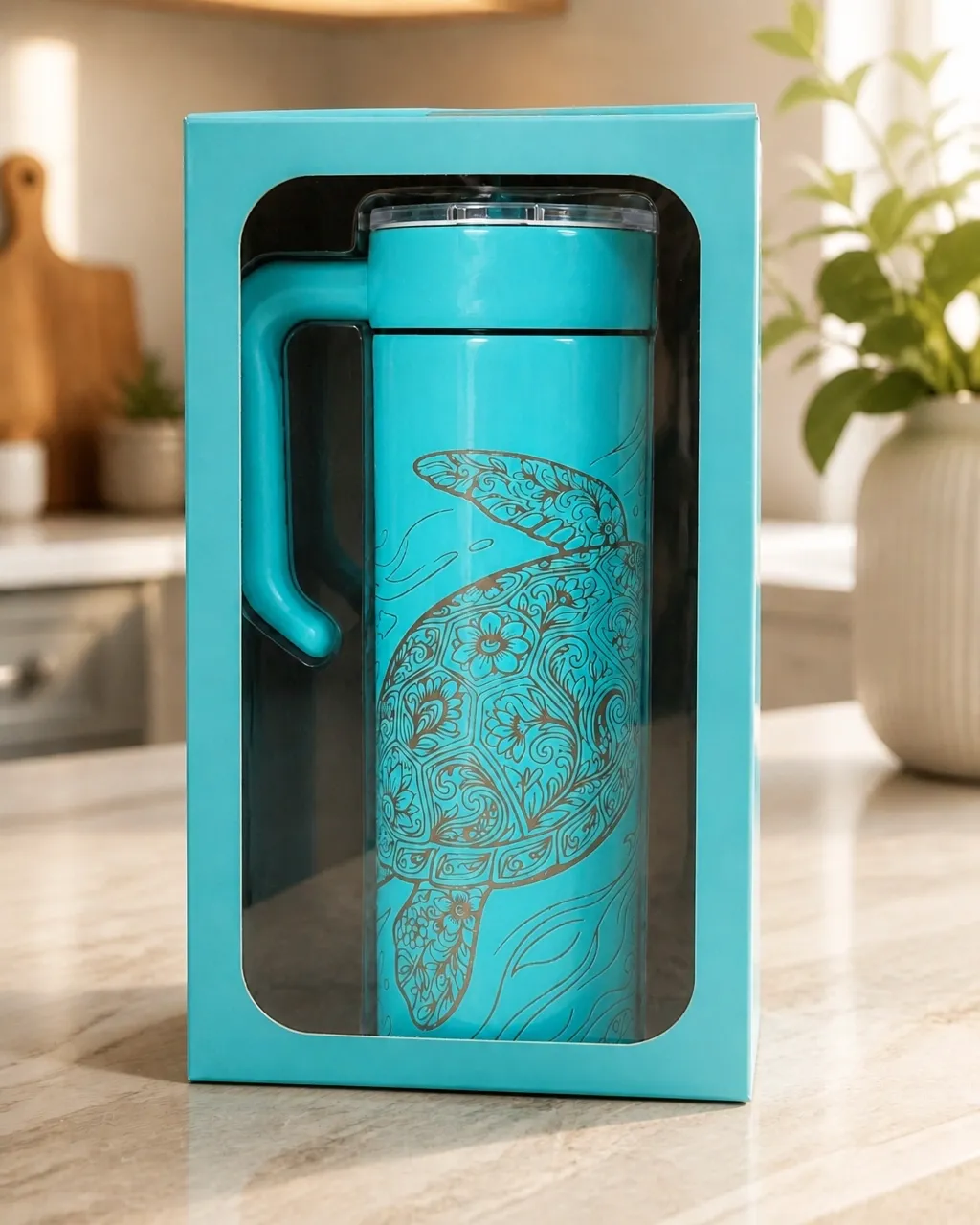 Sea turtle mandala engraved turquoise tumbler top angle