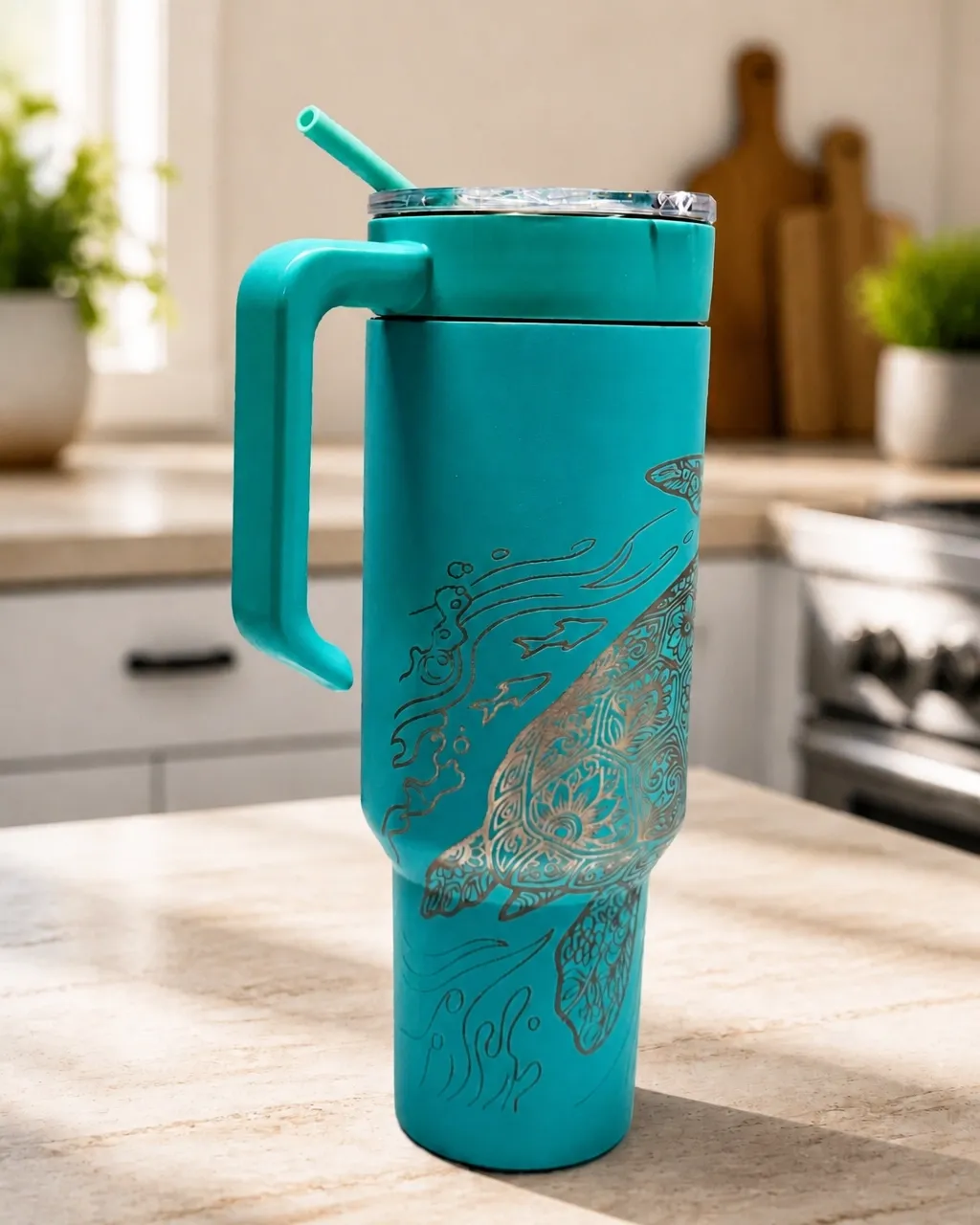 Sea turtle mandala engraved turquoise tumbler front view
