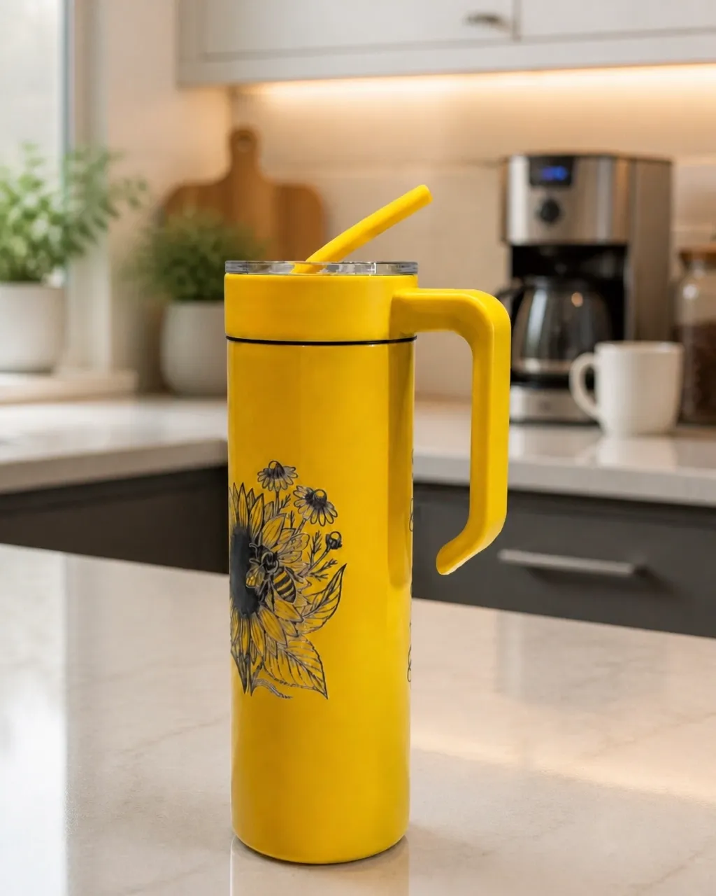 Side-angle view of a yellow tumbler with laser-engraved sunflower and bee artwork