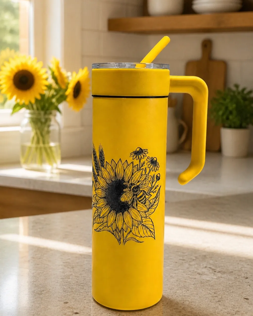 Yellow laser-engraved tumbler with a sunflower and bee illustration