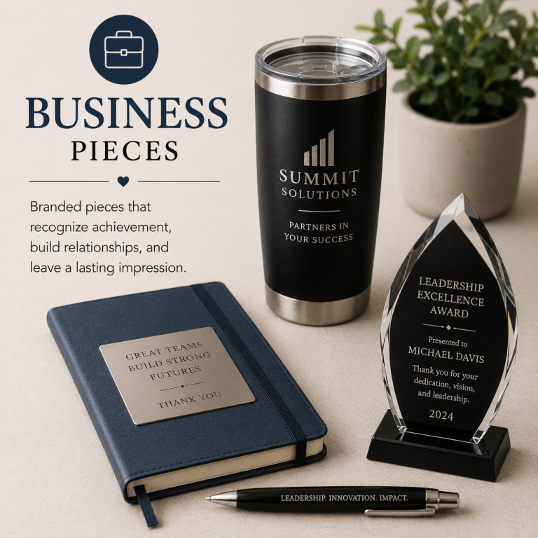 Business and Corporate Promotional business items including a notebook, tumbler, pen, and award.