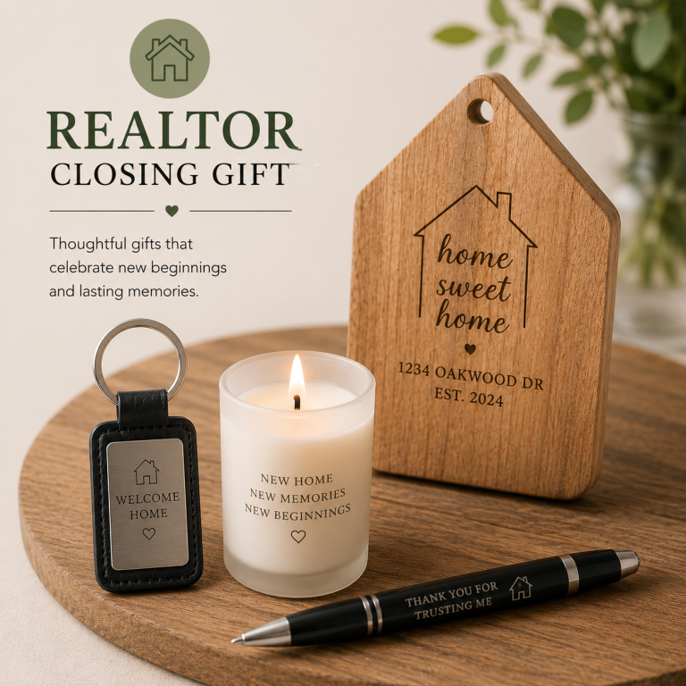 Realtor Closing Gifts Wooden home-themed decor, candle, keychain, and pen for realtor closing gift.