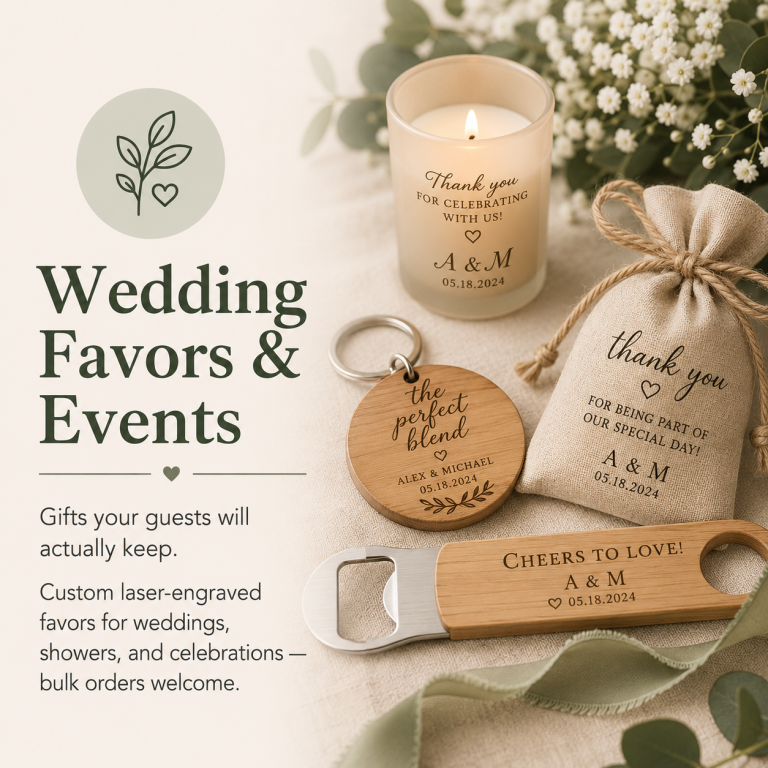 Wedding Favors and Events Wedding favors and events with personalized gifts like candles, keychains, and bottle openers.