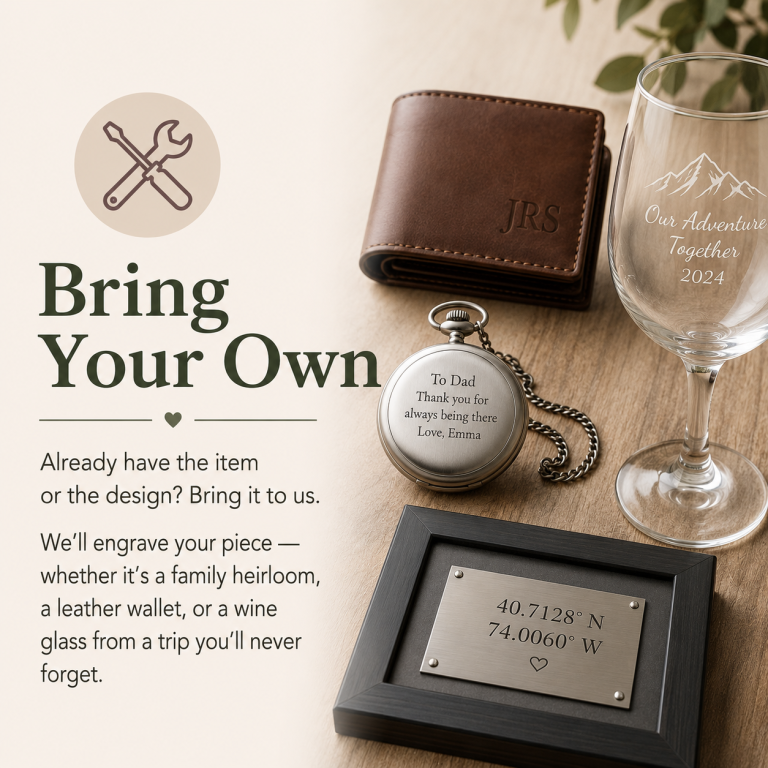 Bring Your Own A wallet, engraved wine glass, pocket watch, and plaque with custom engraving options.